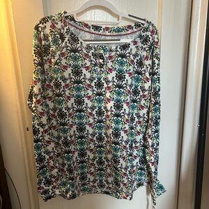 Talbots White Long Sleeve Floral Damask Top with Teal and Pink